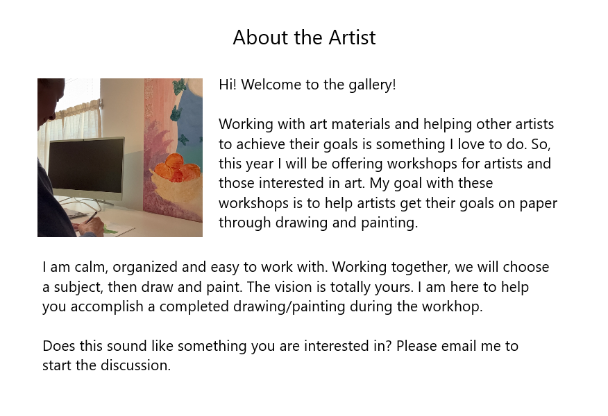 About the artist. Email her if you have a question.